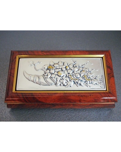 Boîte rectangulaire Corne et Fruits argent massif 925 et bois